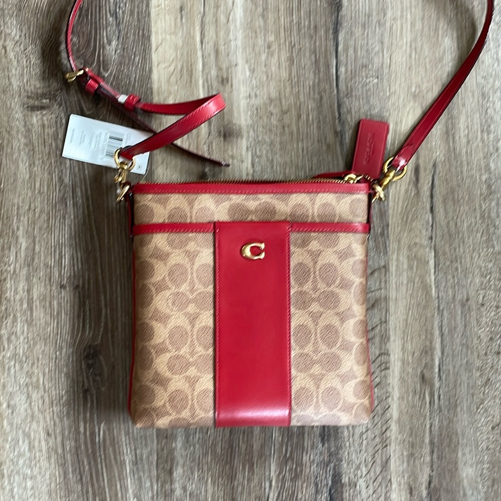 Coach Ladies Jacquard Kitt Coach Print Crossbody Bag - Tan / Ruby - NEW!
